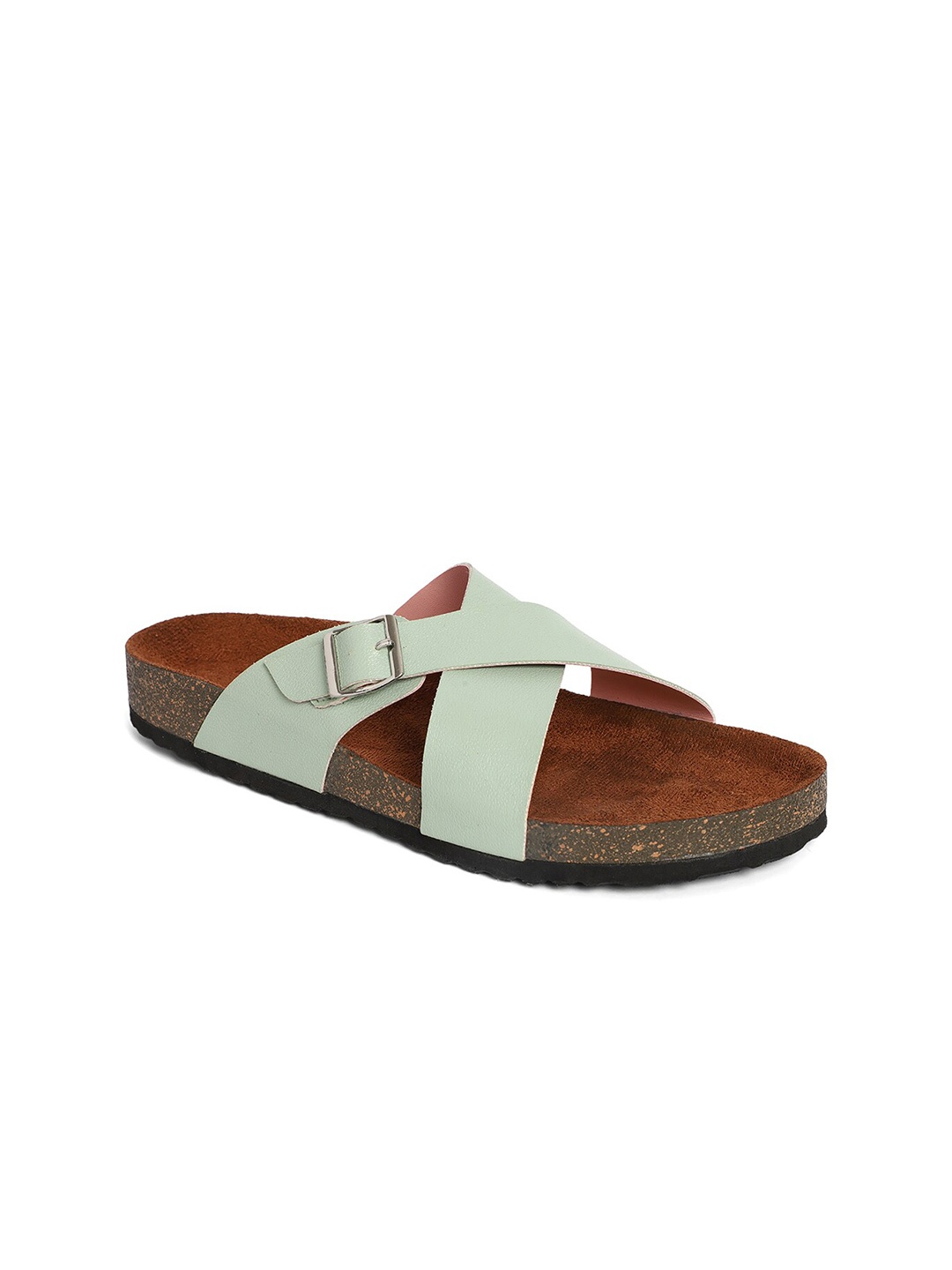 

MOZAFIA Cross Strap Open Toe Flats With Buckle Detail, Sea green