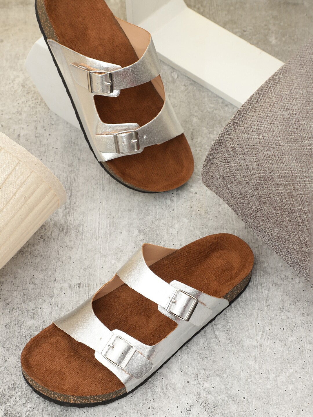 

MOZAFIA Two Strap Open Toe Flats With Buckle Detail, Silver
