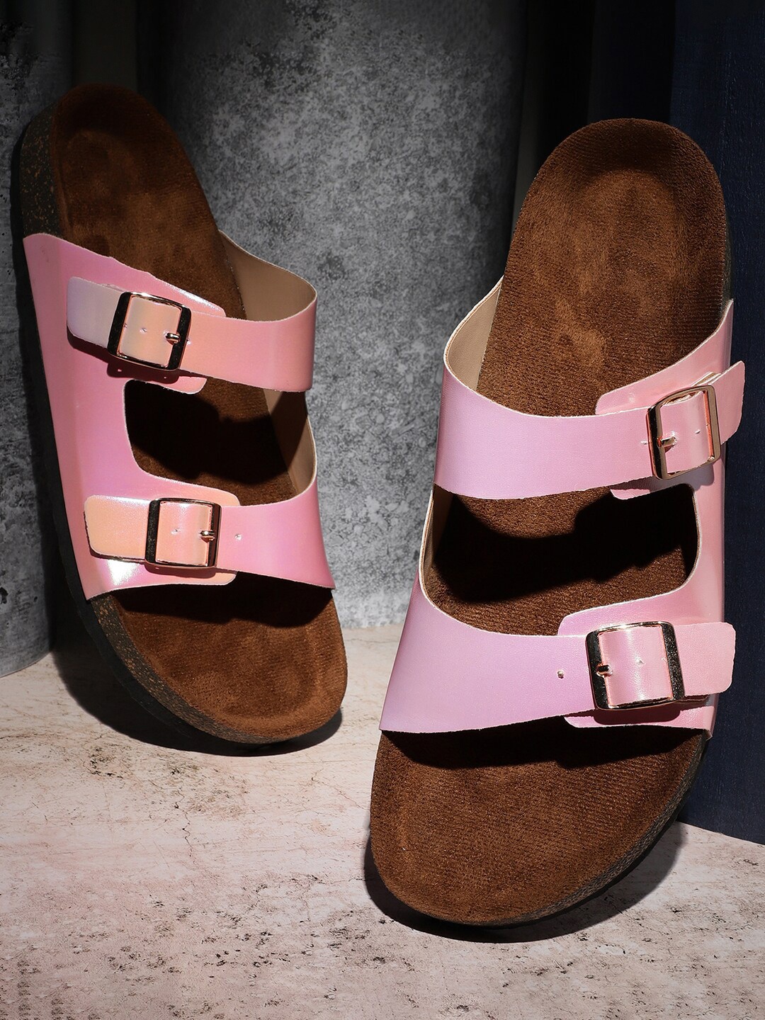 

MOZAFIA Two Strap Open Toe Flats With Buckle Detail, Pink