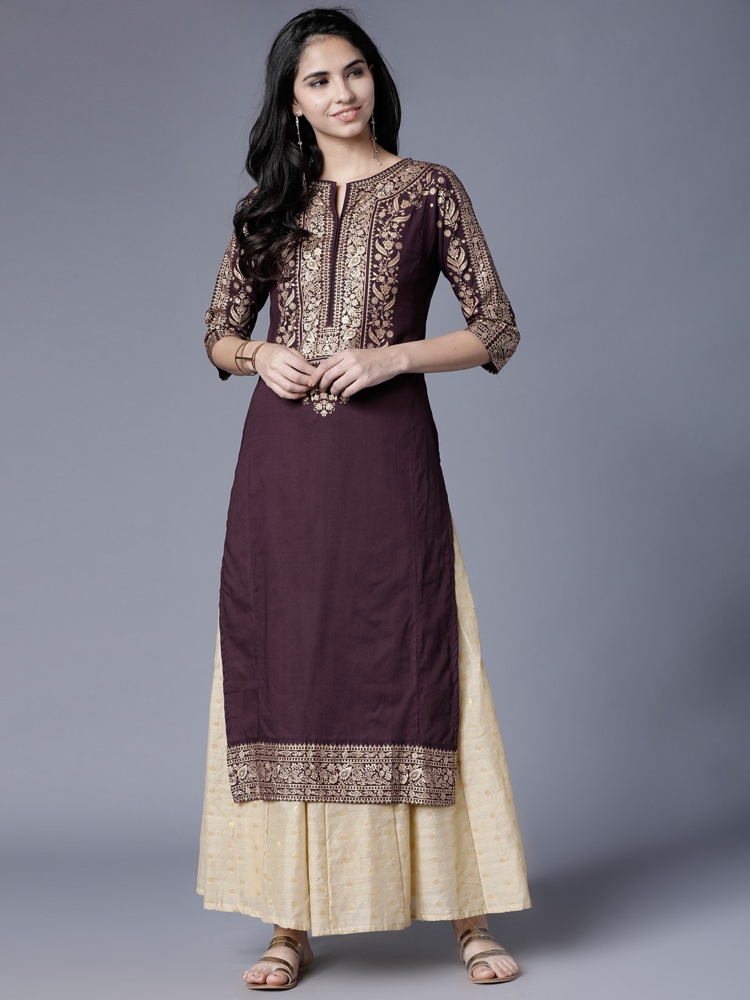 

SGRF Floral Yoke Design Round Neck Cotton Straight Kurta, Purple