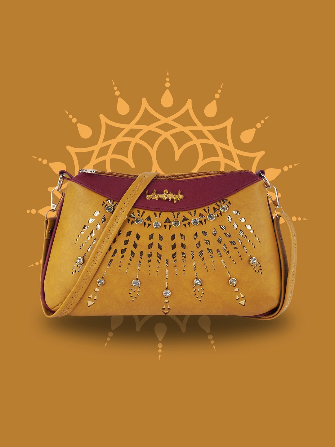 

LIKE STYLE Floral Textured Structured Sling Bag With Cut Work, Beige