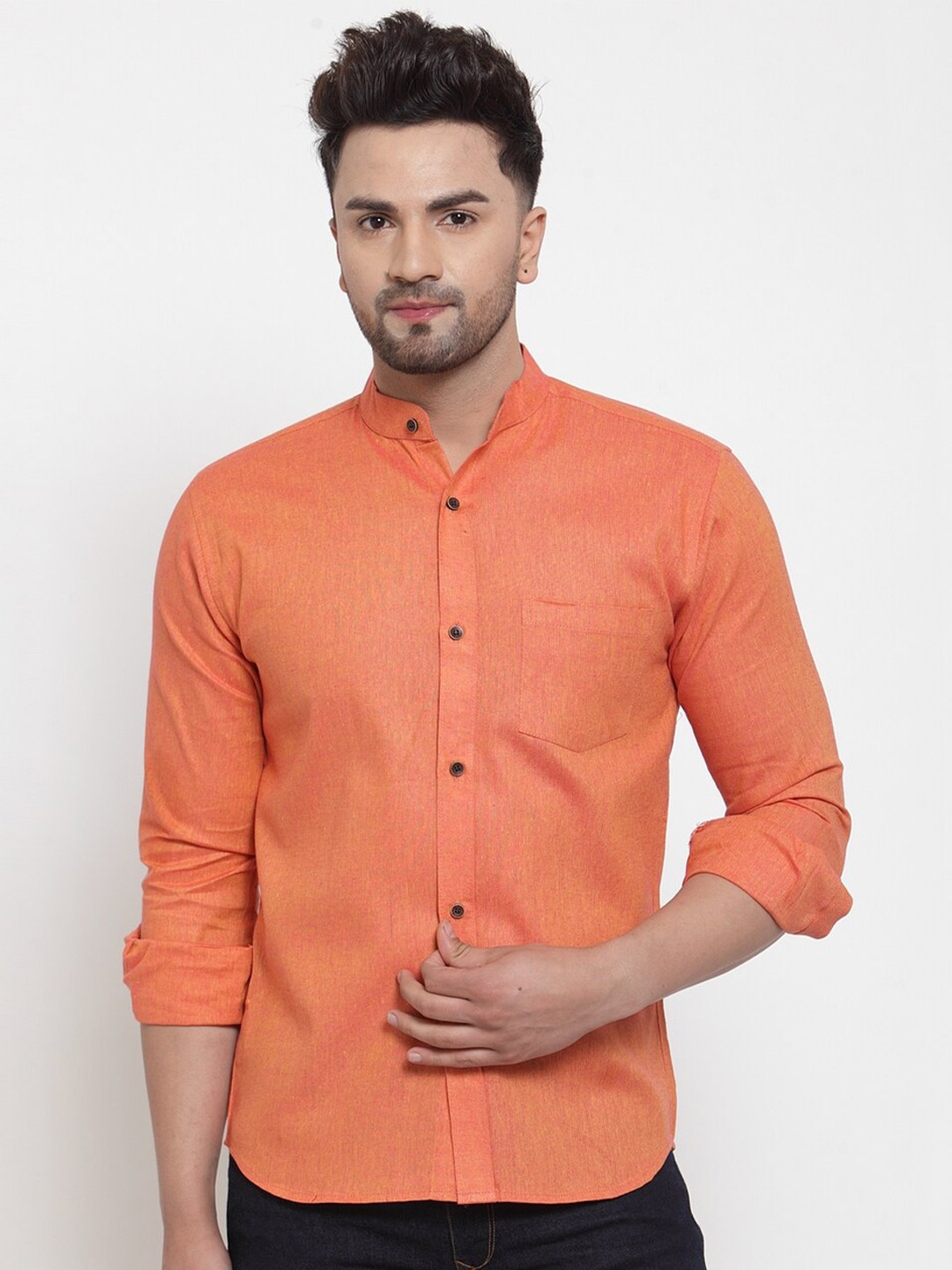 

Enchanted Drapes Slim Fit Band Collar Long Sleeves Cotton Casual Shirt, Orange