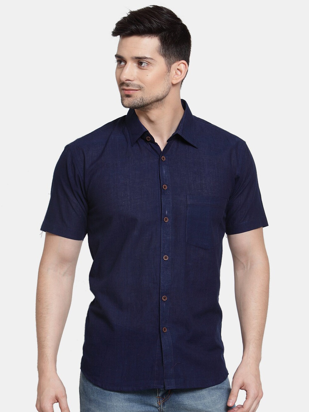 

Enchanted Drapes Slim Fit Spread Collar Pure Cotton Casual Shirt, Navy blue