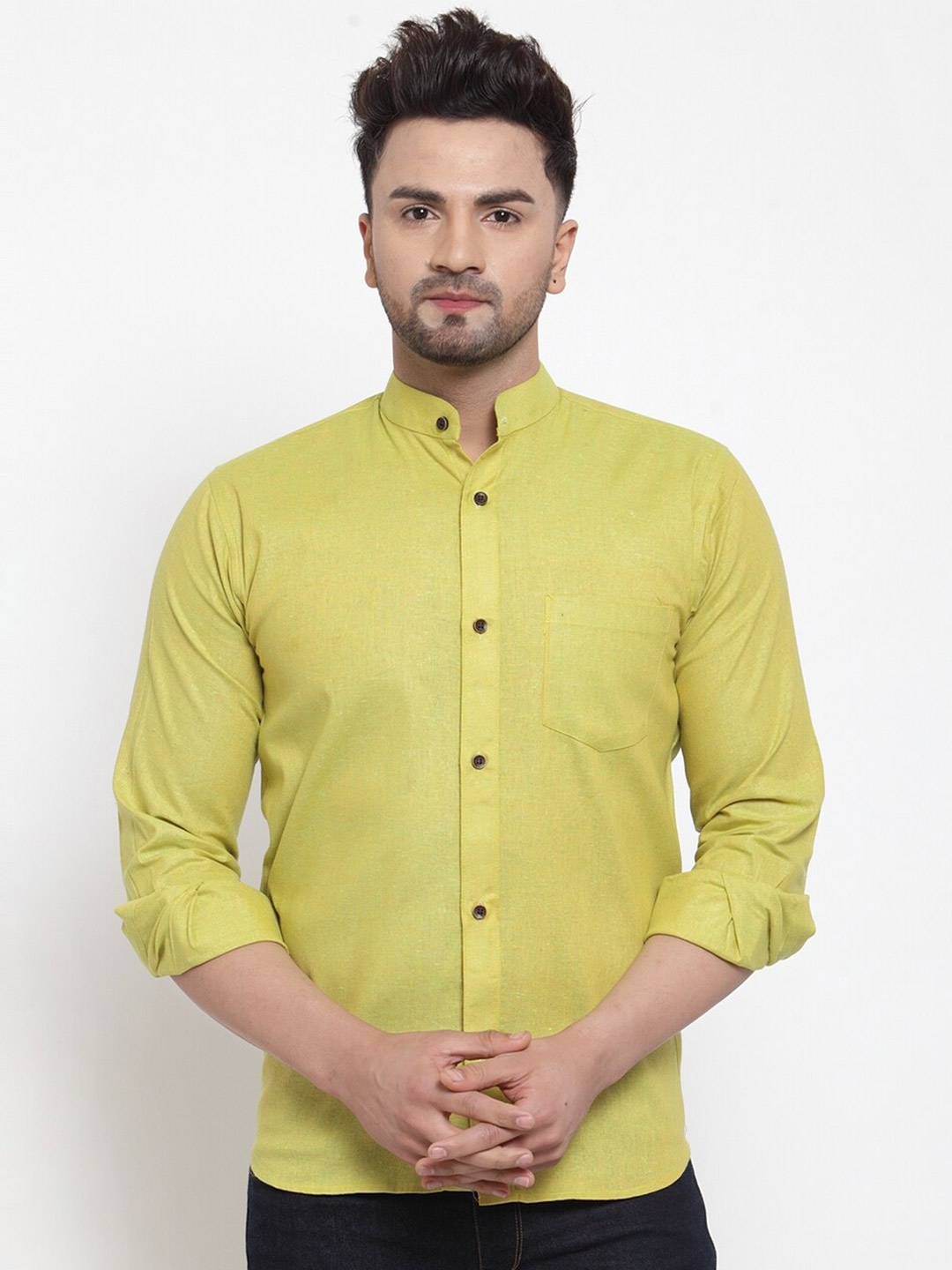 

Enchanted Drapes Slim Fit Mandarin Collar Pure Cotton Casual Shirt, Green