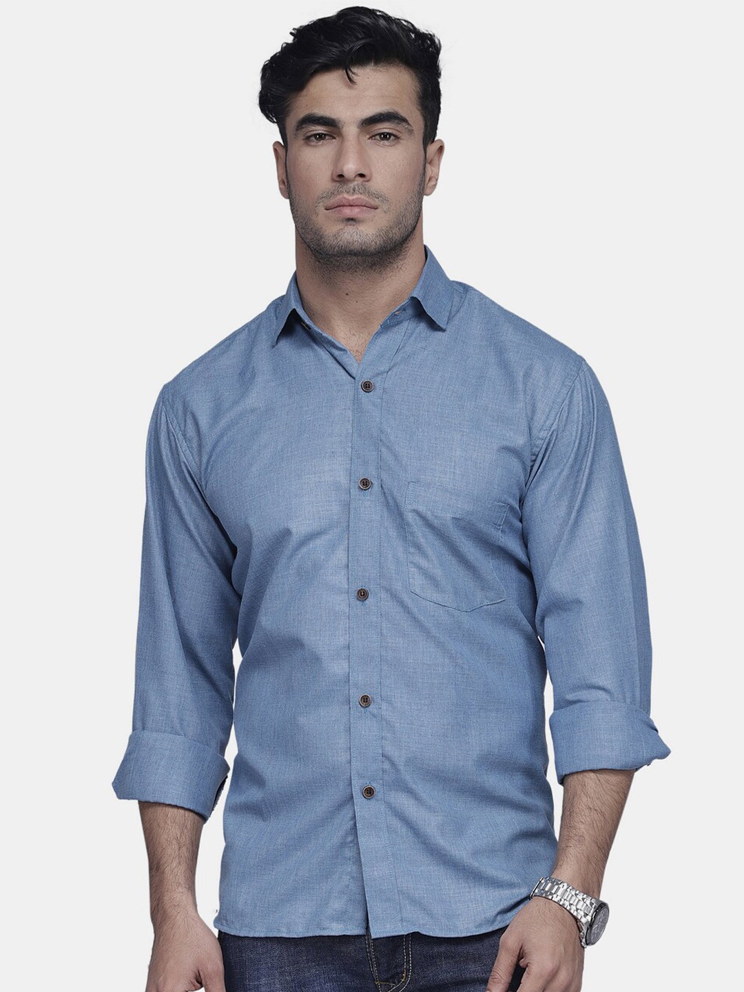 

Enchanted Drapes Slim Fit Spread Collar Pure Cotton Casual Shirt, Blue