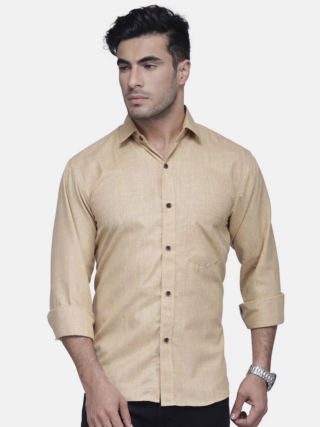 

Enchanted Drapes Slim Fit Spread Collar Pure Cotton Casual Shirt, Beige