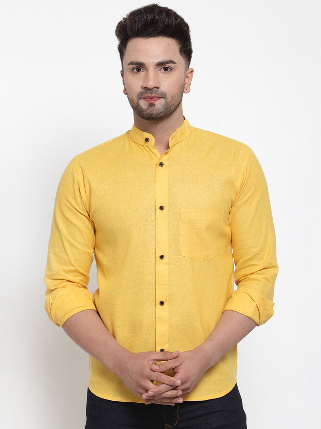 

Enchanted Drapes Slim Fit Band Collar Pure Cotton Casual Shirt, Yellow