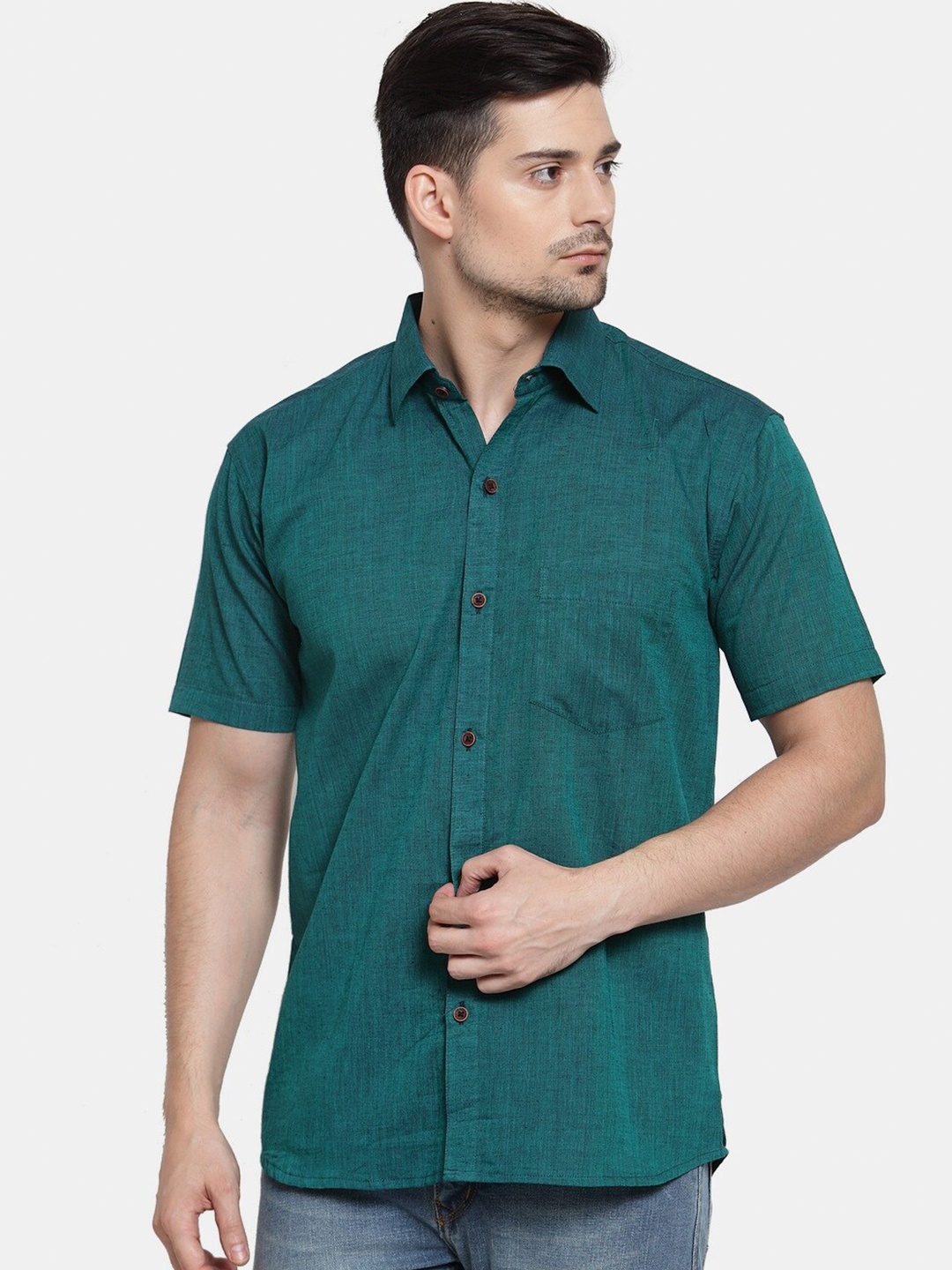 

Enchanted Drapes Spread Collar Slim Fit Pure Cotton Shirt, Green