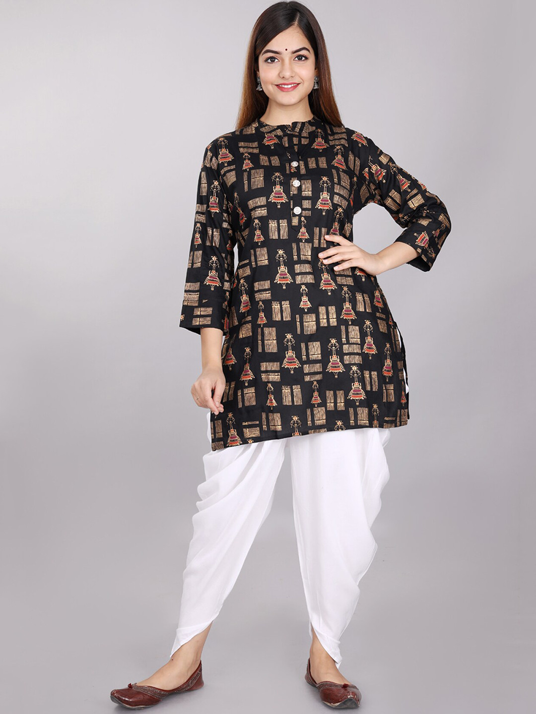 

BAESD Ethnic Motifs Printed Regular Kurti with Dhoti Pants, Black