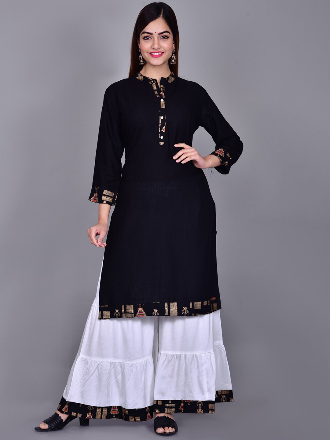 

BAESD Mandarin Collar Straight Kurta with Sharara, Black