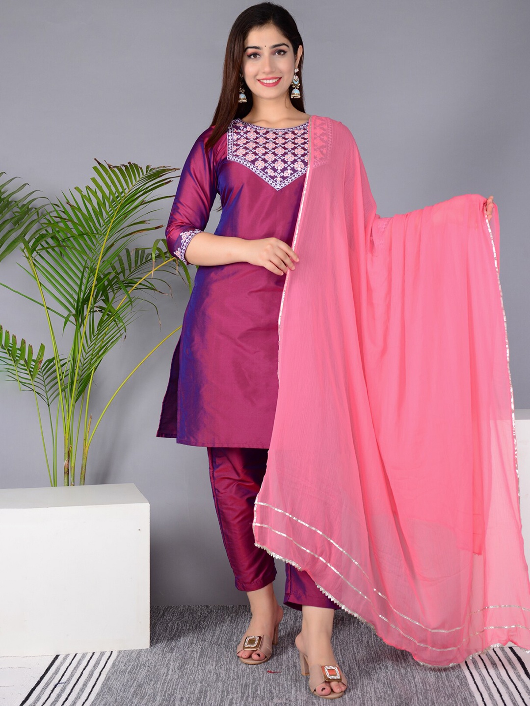 

BAESD Women Purple Floral Regular Kurta with Sharara & With Dupatta