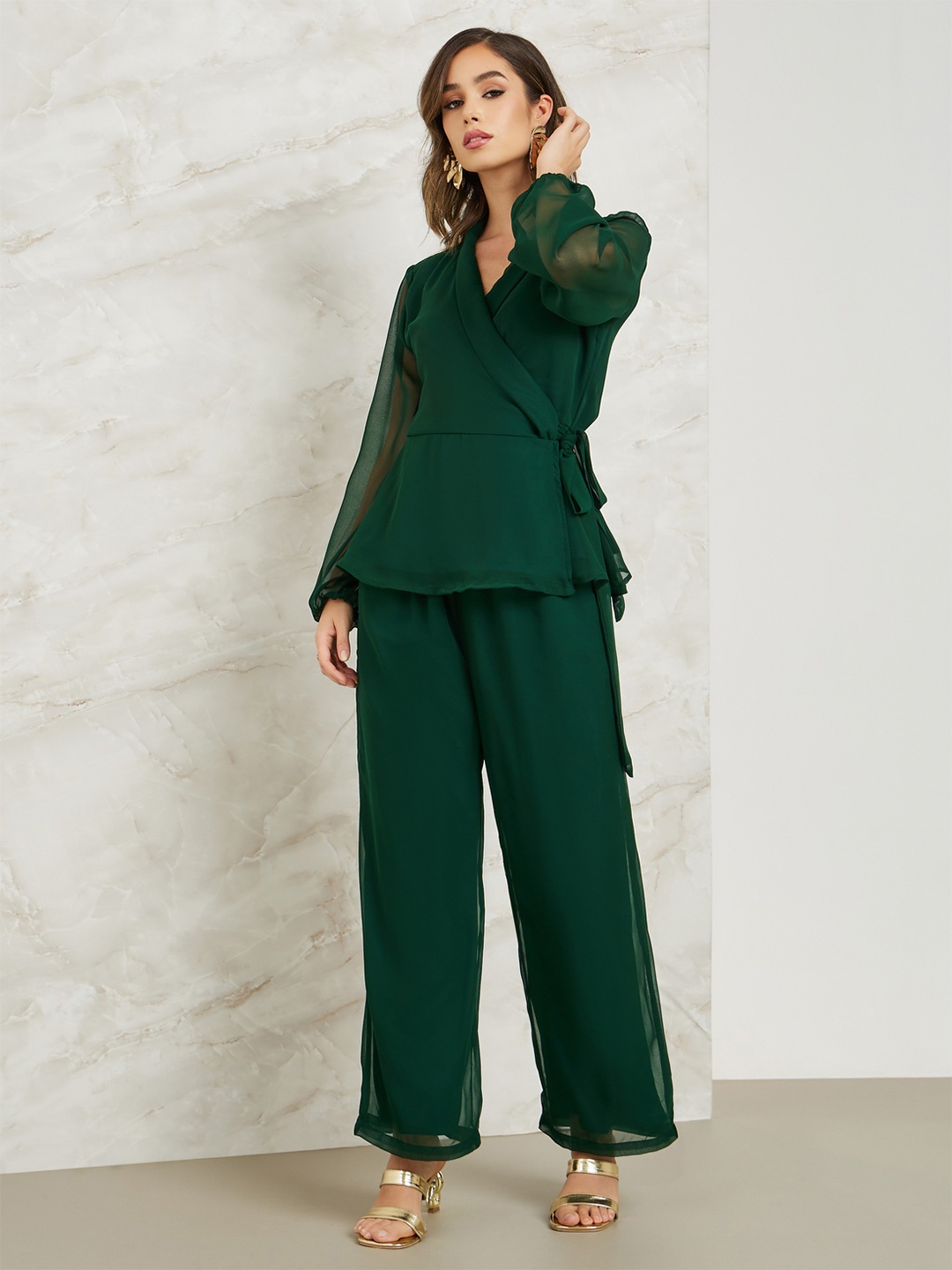 

Styli V-Neck Wrap Top With Trousers, Green