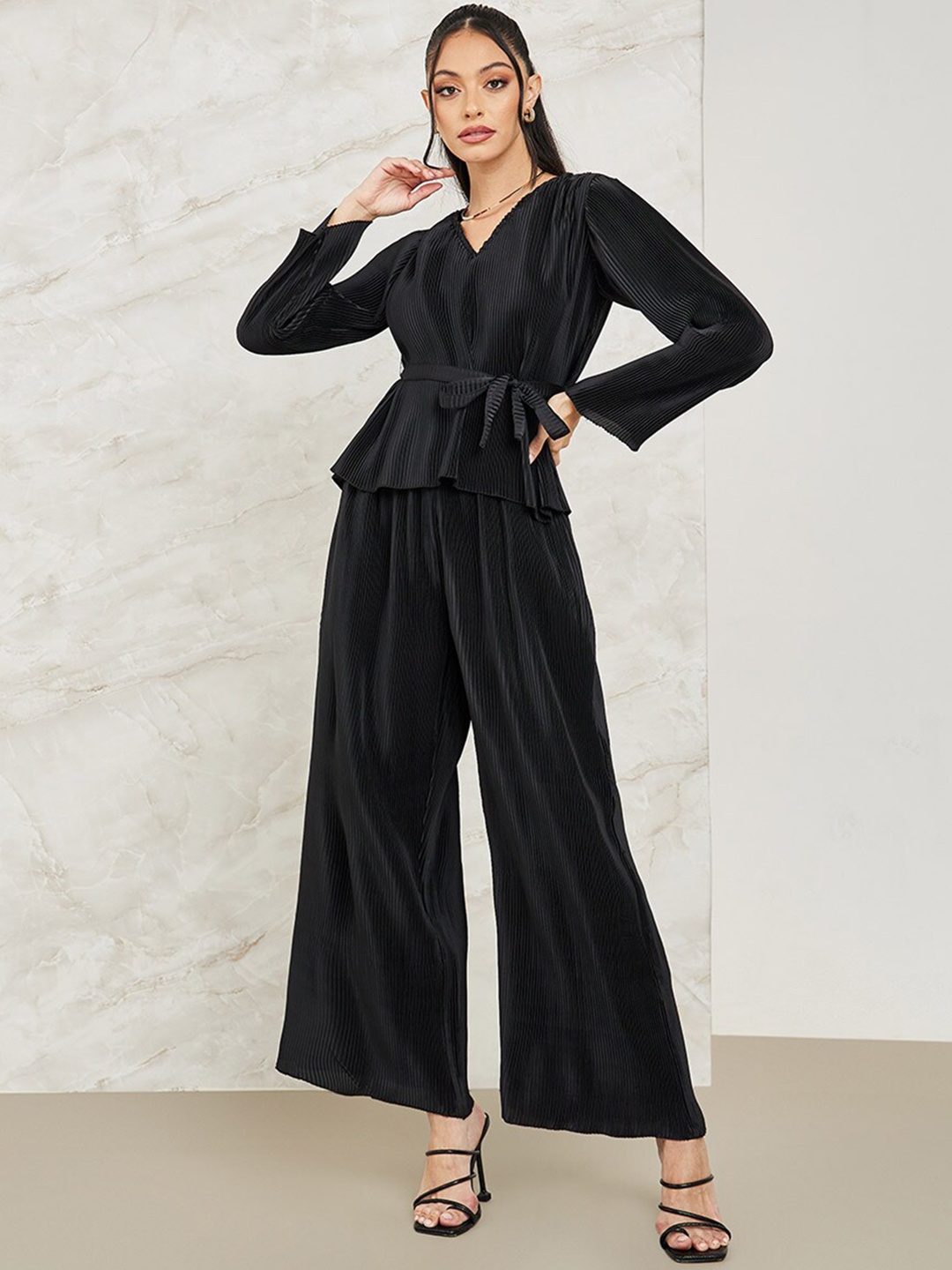 

Styli Striped V- Neck Top With Flared Trouser, Black