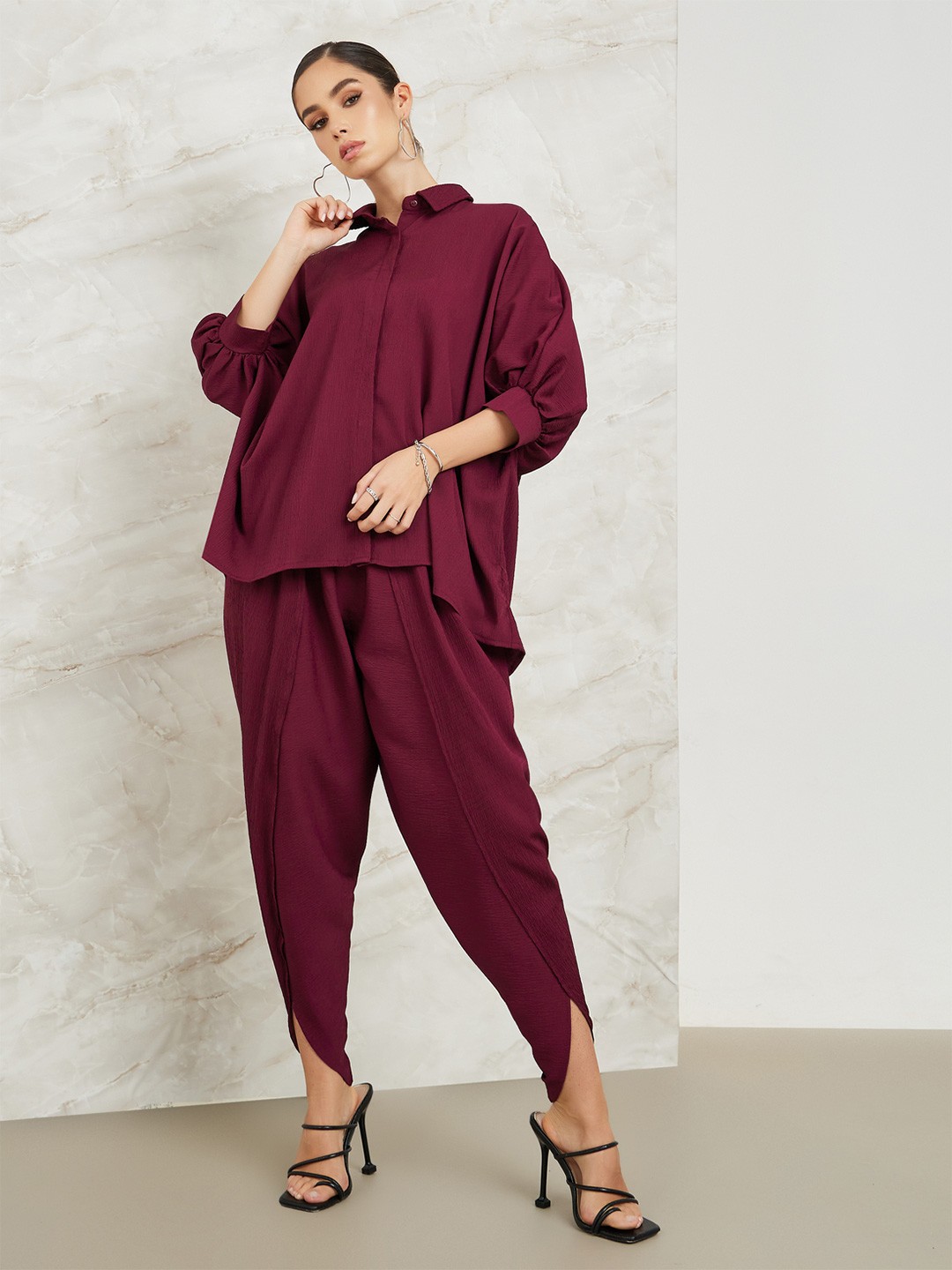

Styli Shirt-Collar Oversized Shirt With Harem Pant, Burgundy