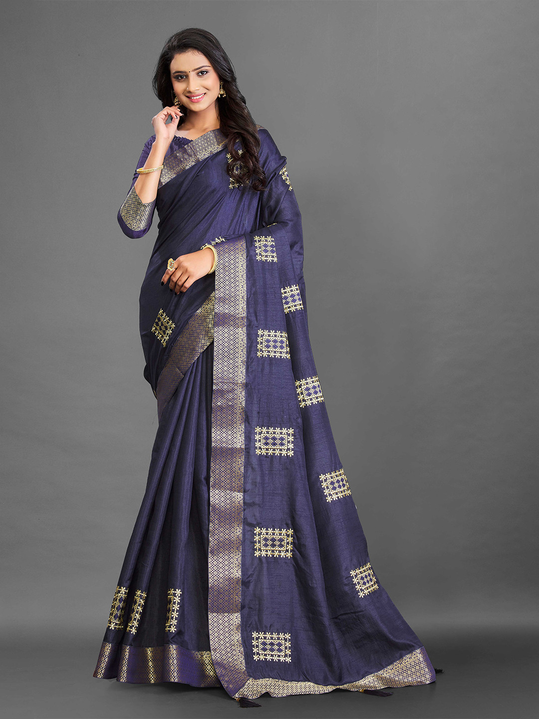 

Fashion Ritmo Ethnic Motifs Embroidered Zari Ikat Saree, Blue