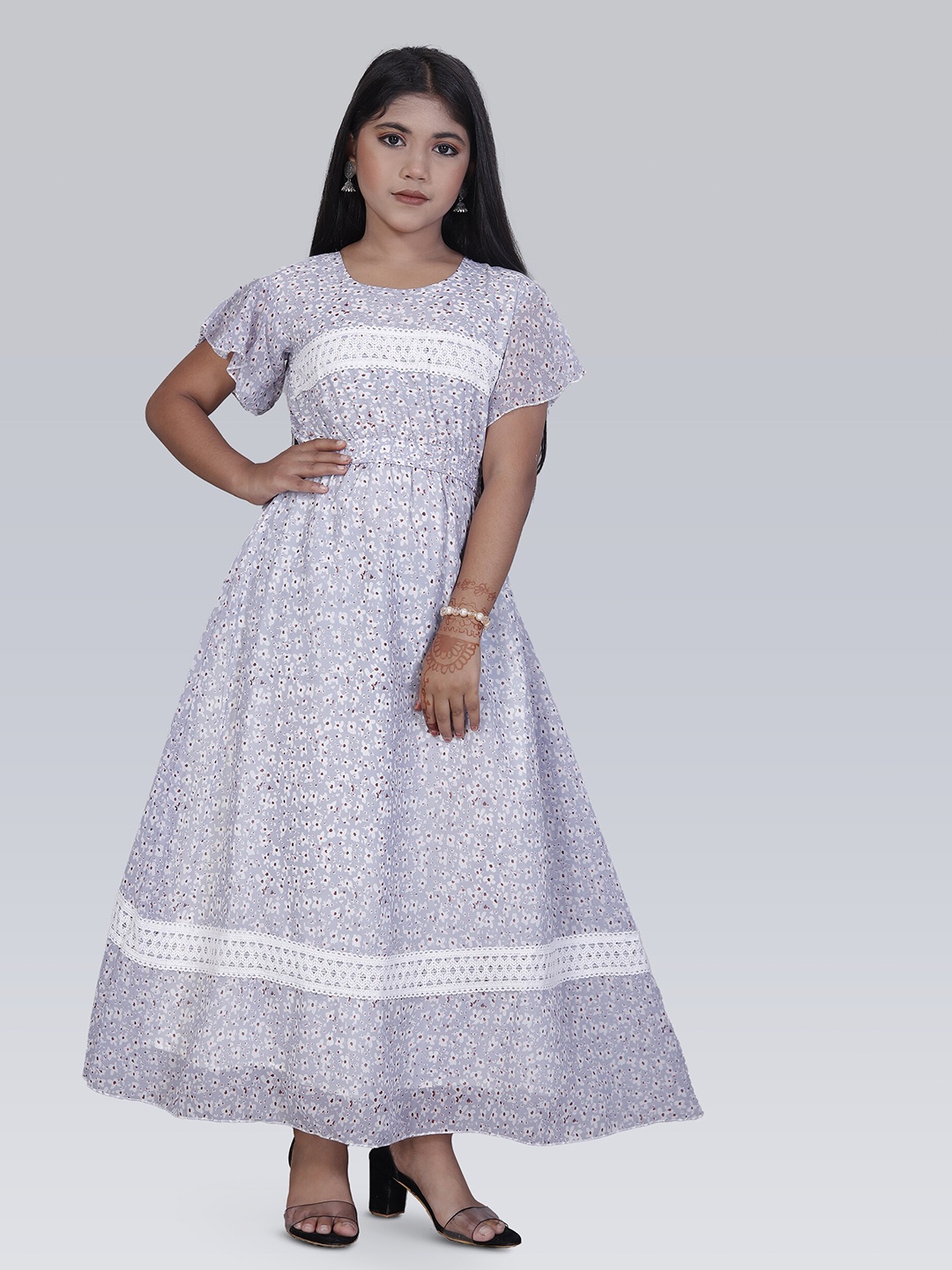 

BAESD Girls Floral Printed Flared Sleeve Georgette A-Line Maxi Dress, Grey