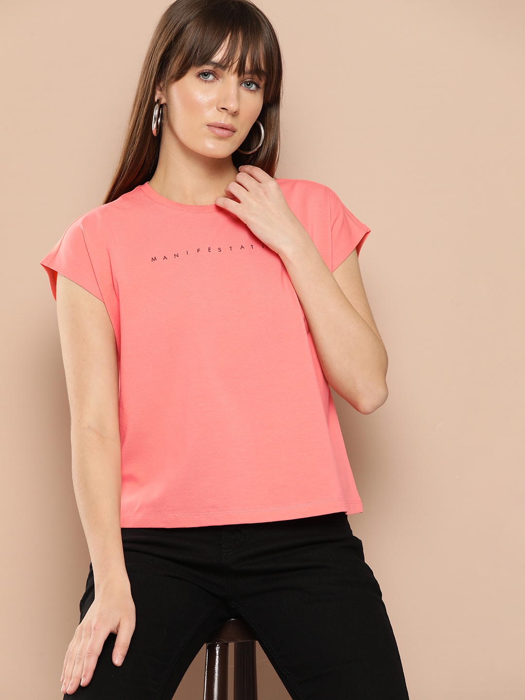 

Chemistry Women Round Neck Extended Sleeves Typography Printed T-shirt, Coral