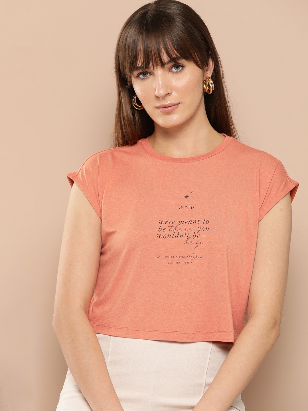 Chemistry Women Typography Print Round Neck Extended Sleeves Crop T-shirt, Orange