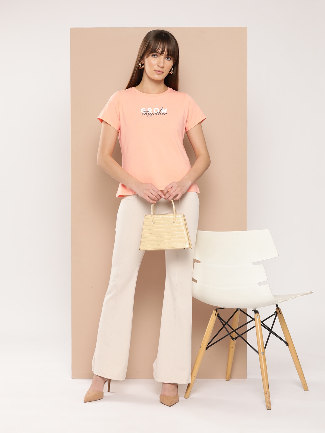 Chemistry Women Typography Printed Round Neck Half Sleeves T-shirt, Peach