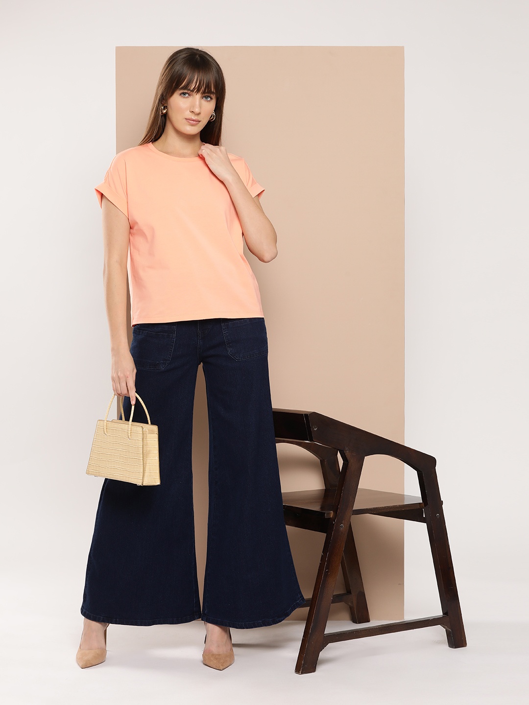 

Chemistry Women Solid Round Neck Extended Sleeves T-shirt, Orange
