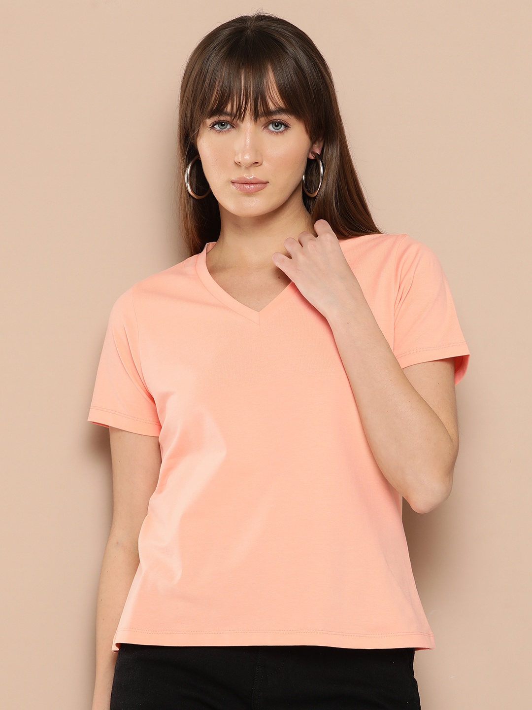 

Chemistry Women Solid V-Neck Half Sleeves T-shirt, Orange