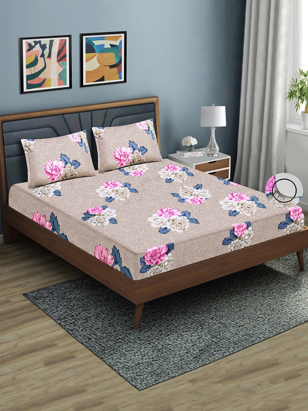 

Aura Beige Pink Floral 144 TC Fitted Queen Bedsheet With 2 Pillow Covers