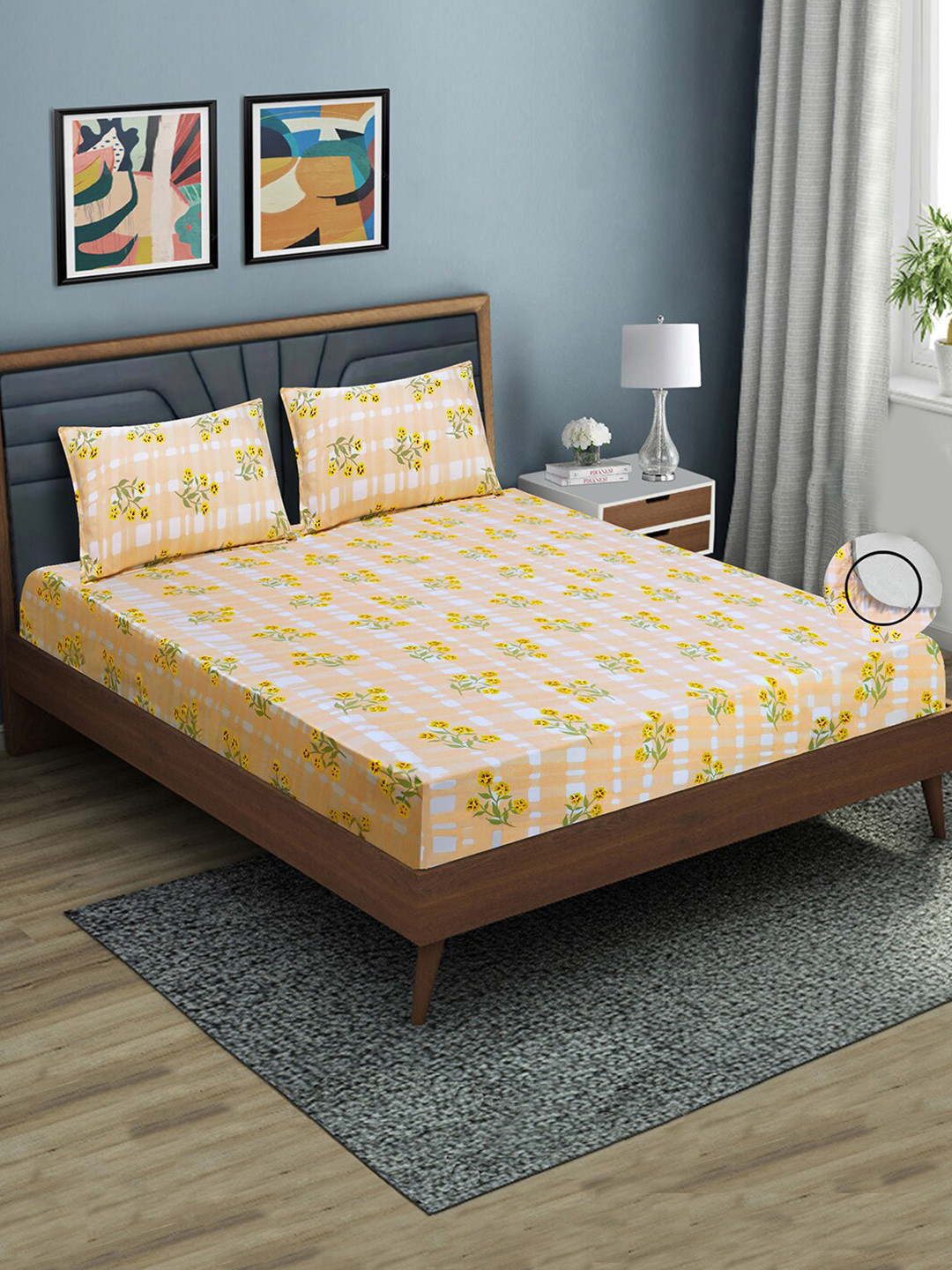 

Aura Floral 144 TC Fitted Queen Bedsheet 2 Pillow Covers, Cream