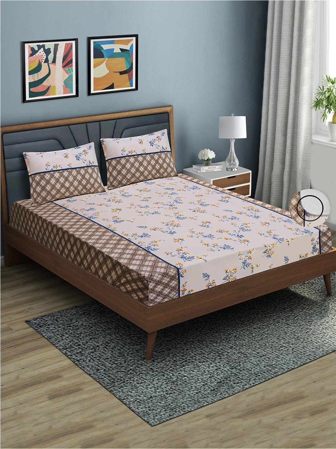 

Aura Floral Print 144 TC Fitted Queen Bedsheet With 2 Pillow Covers, Brown