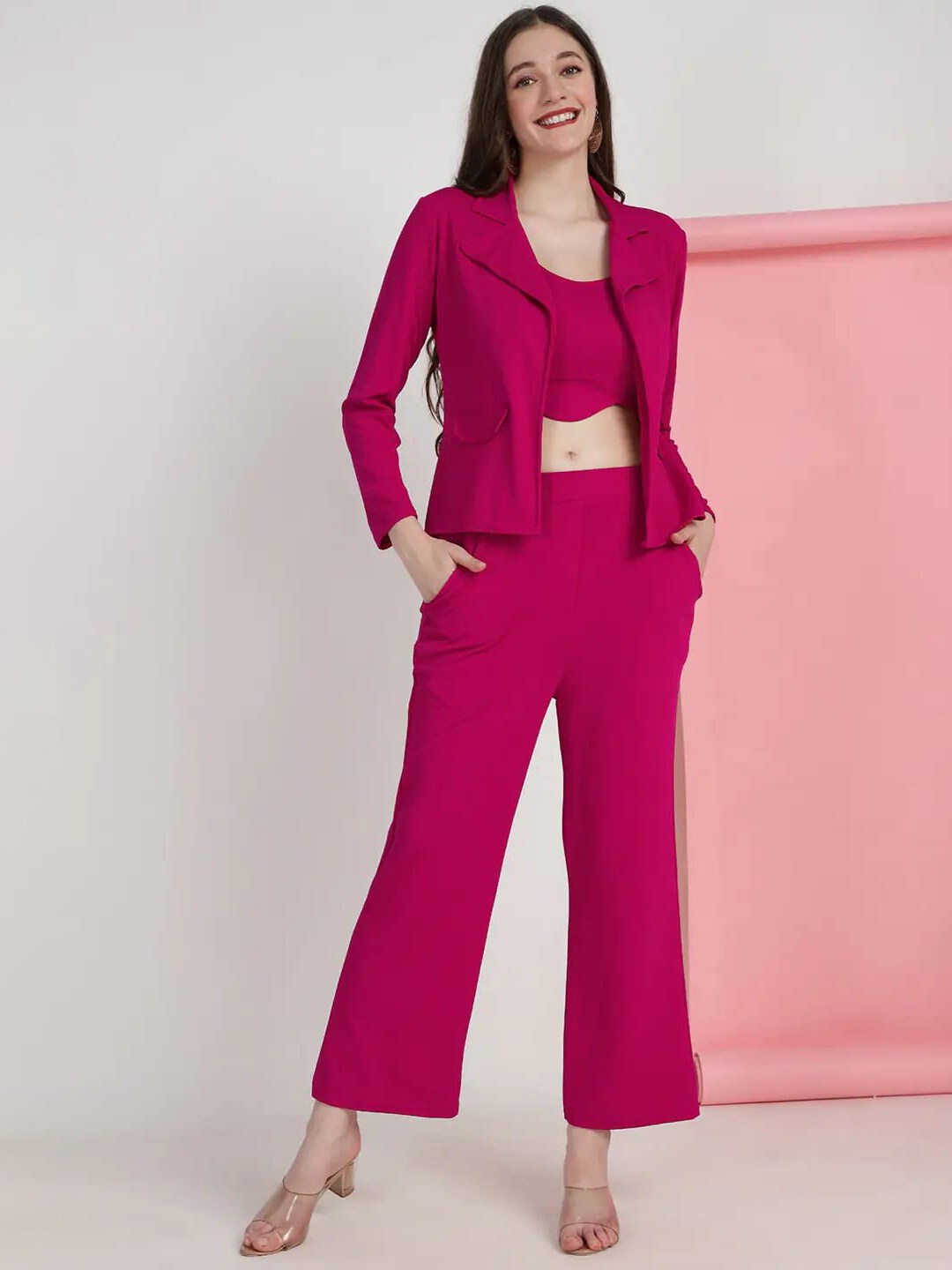 

Selvia Sleeveless Crop Top With Trousers & Jacket Co-Ords, Pink