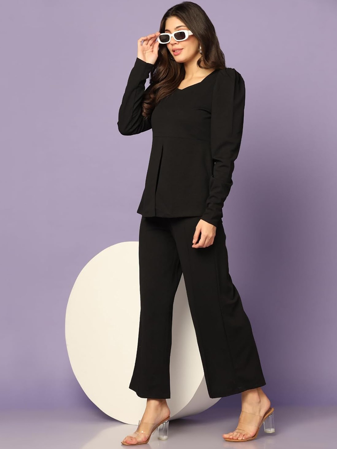 

Selvia Puff Sleeves Knitted Top With Trouser Co-Ords, Black