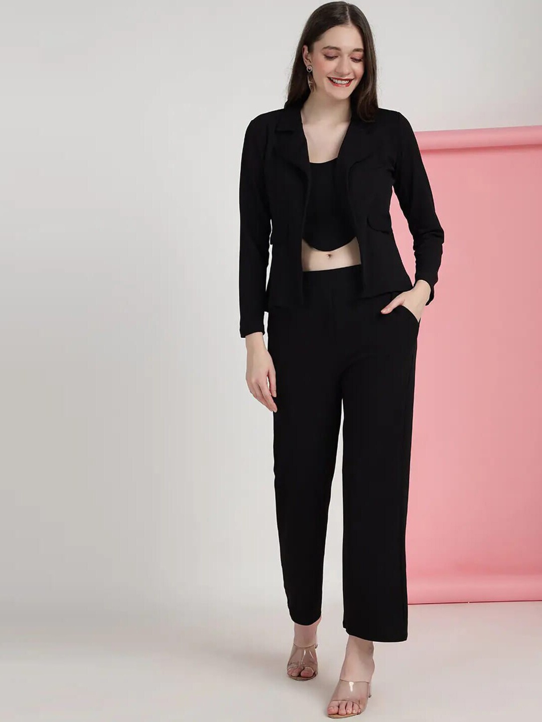 

Selvia Sleeveless Crop Top With Trousers & Jacket Co-Ords, Black