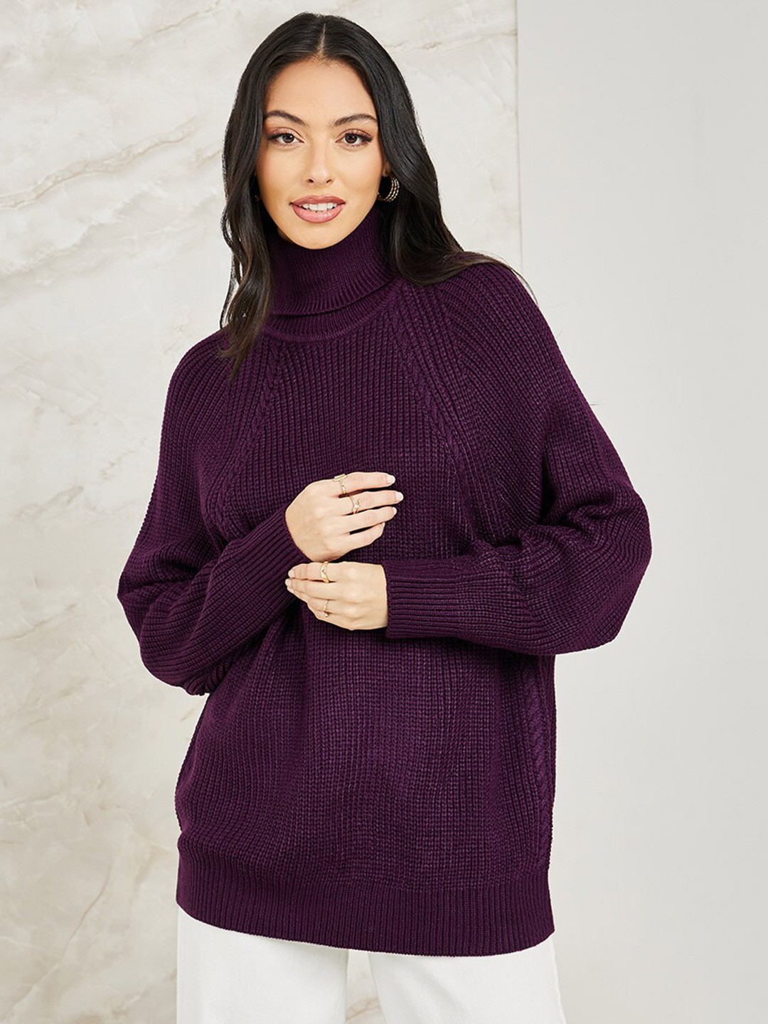 

Styli Ribbed Turtle Neck Oversized Pullover Acrylic Sweater, Purple