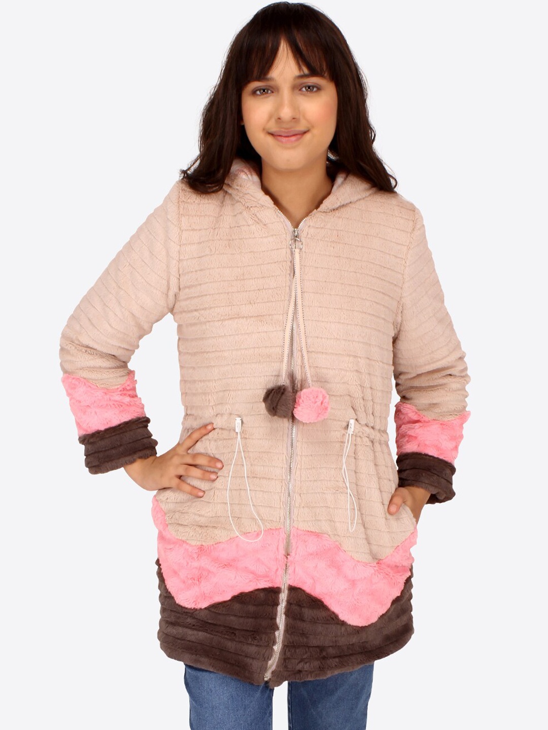 

CUTECUMBER Girls Colourblocked Hooded Longline Puffer Jacket, Beige