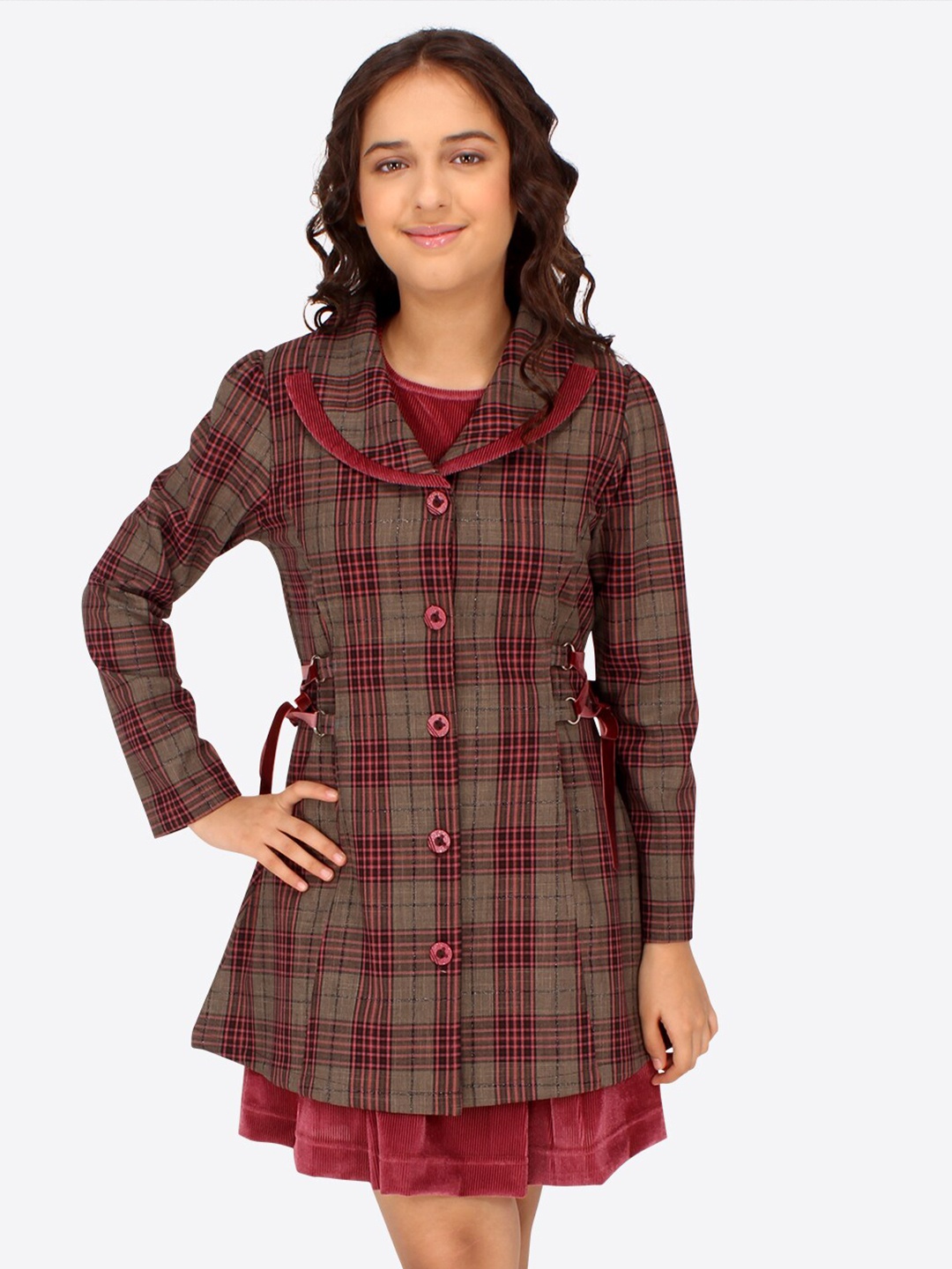 

CUTECUMBER Girls Checked shawl Neck Velvet A-Line Dress, Burgundy