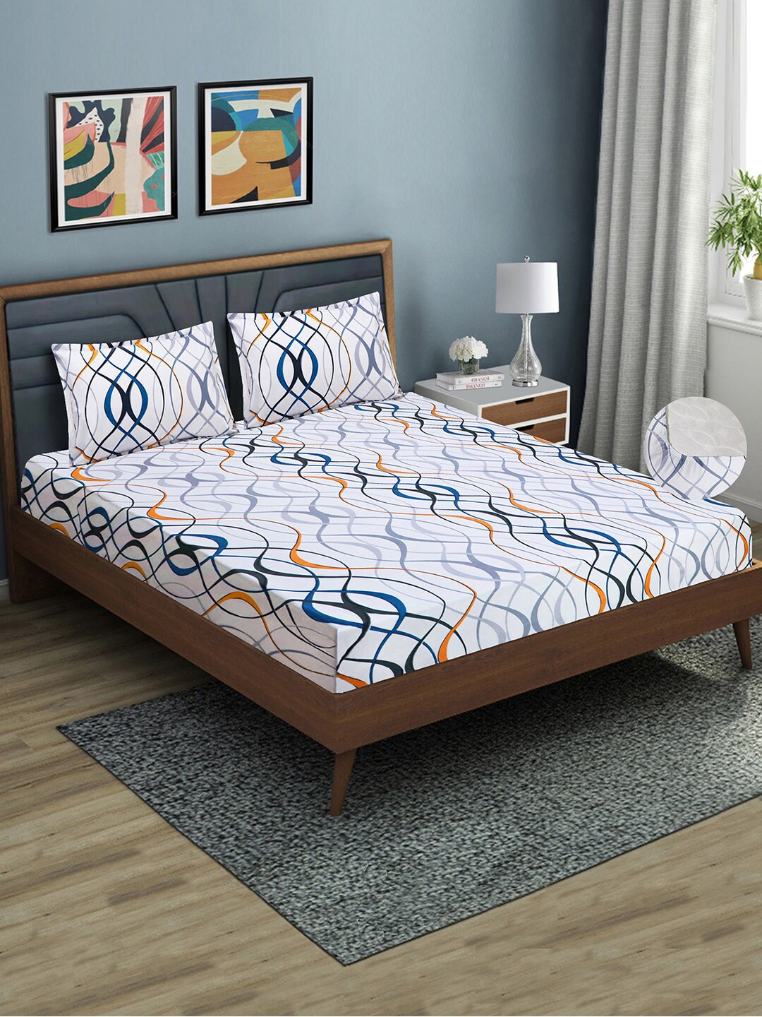 

Aura White & Blue 144 TC Queen Fitted Bedsheet with 2 Pillow Covers