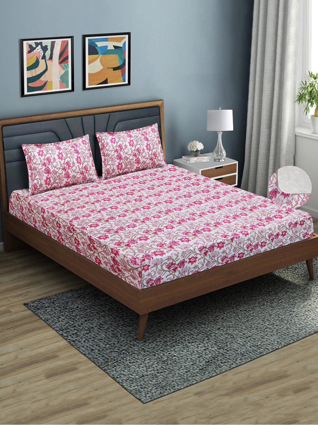 

Aura Pink White Floral 144 TC Fitted Queen Bedsheet with 2 Pillow Covers