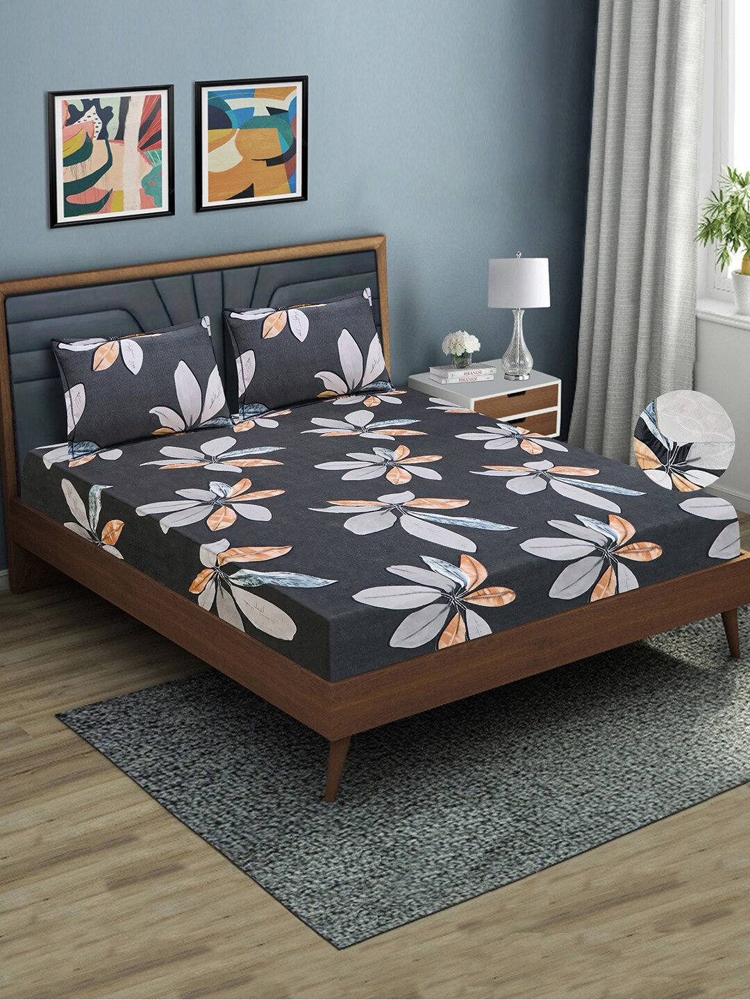 

Aura Floral Print 144 TC Fitted Queen Bedsheet with 2 Pillow Covers, Black