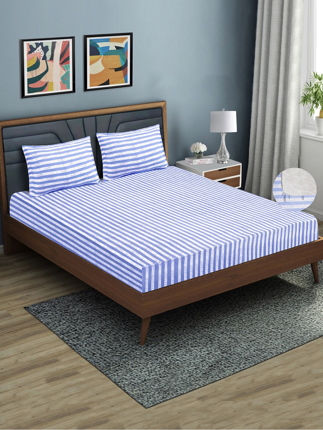 

Aura Striped 144 TC Fitted Queen Bedsheet with 2 Pillow Covers, Blue