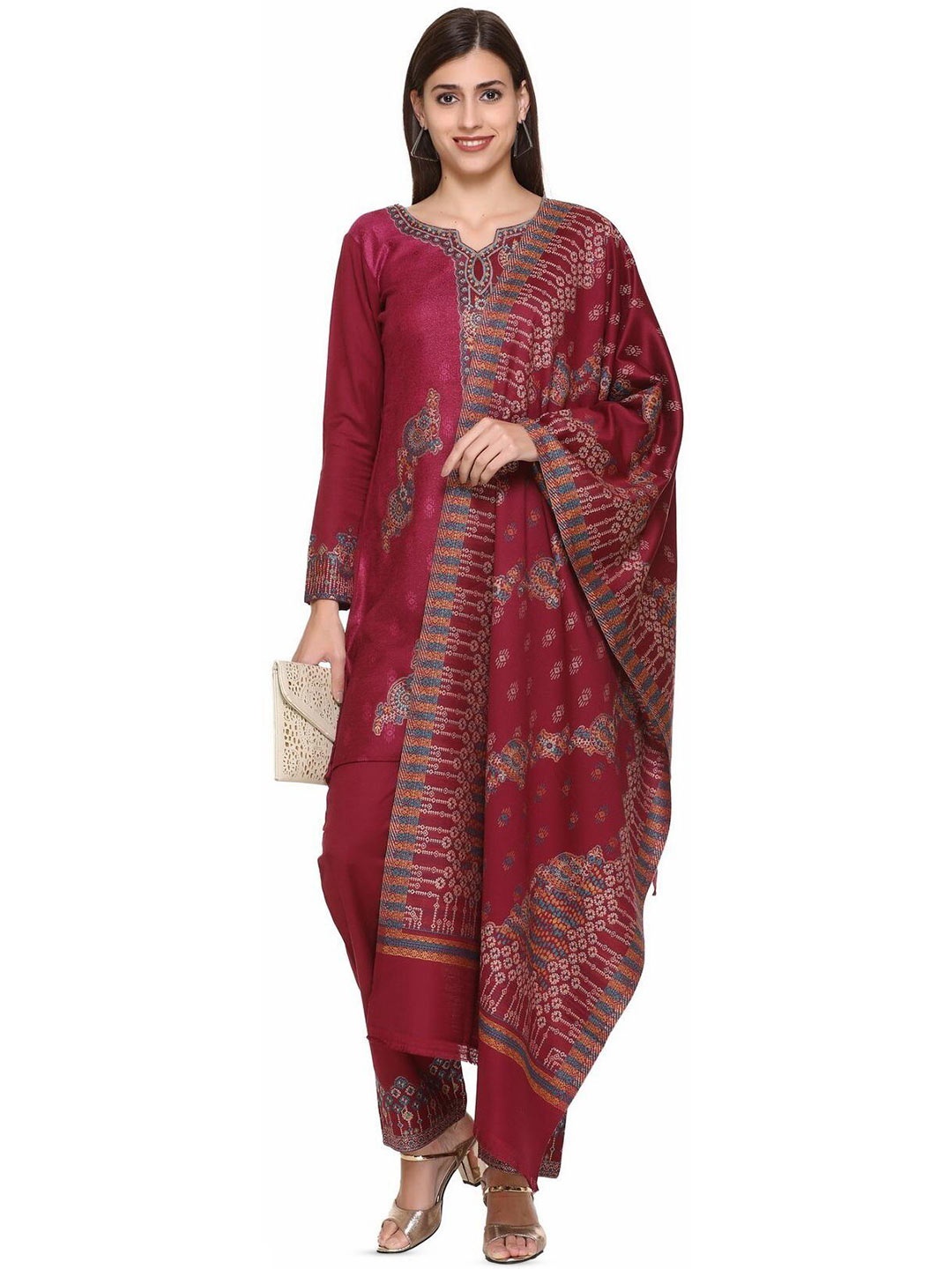 

KIDAR Ethnic Motifs Embroidered Unstitched Dress Material, Maroon
