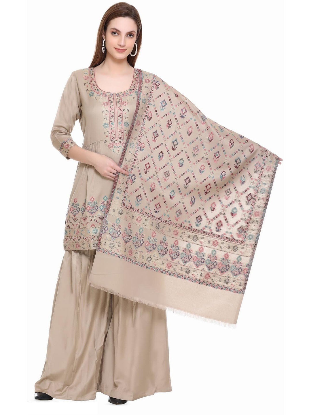 

KIDAR Beige Embroidered Viscose Rayon Unstitched Dress Material