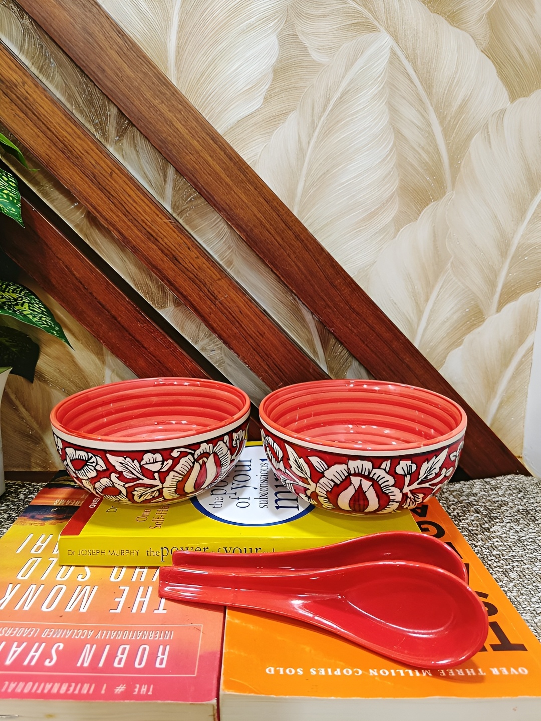 

caffeine White & Red 2 Pieces Printed Ceramic mughal Soup Bowl