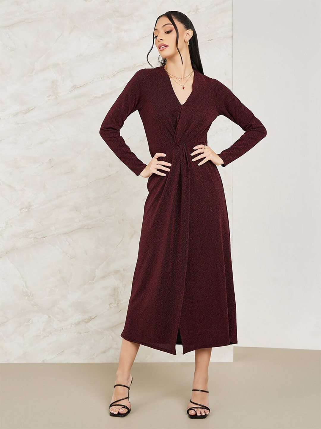

Styli V-Neck Sheath Midi Dress, Burgundy