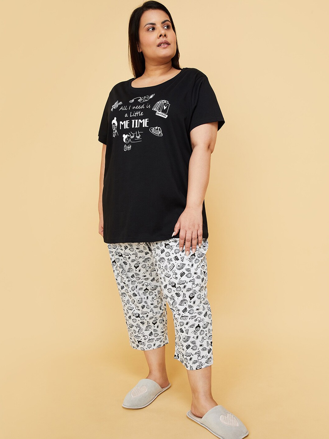 

max Plus Size Floral Printed Pure Cotton T-shirt With Capris, Black