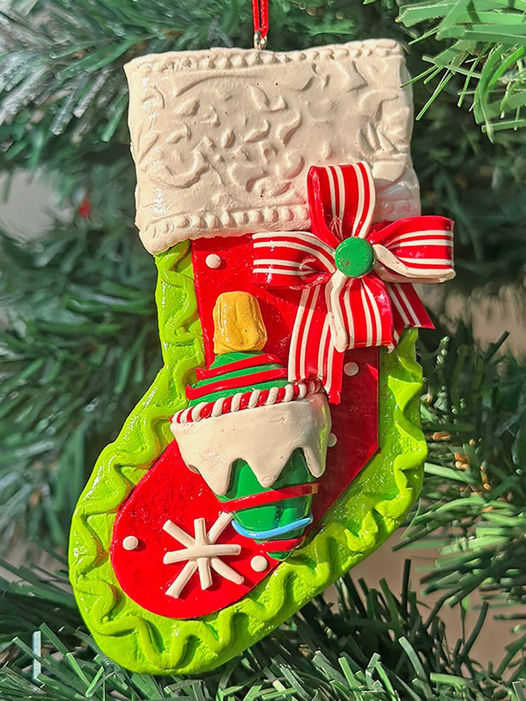 

Little Surprise Box LLP Green & Red Textured Christmas Stocking Shaped Hanging