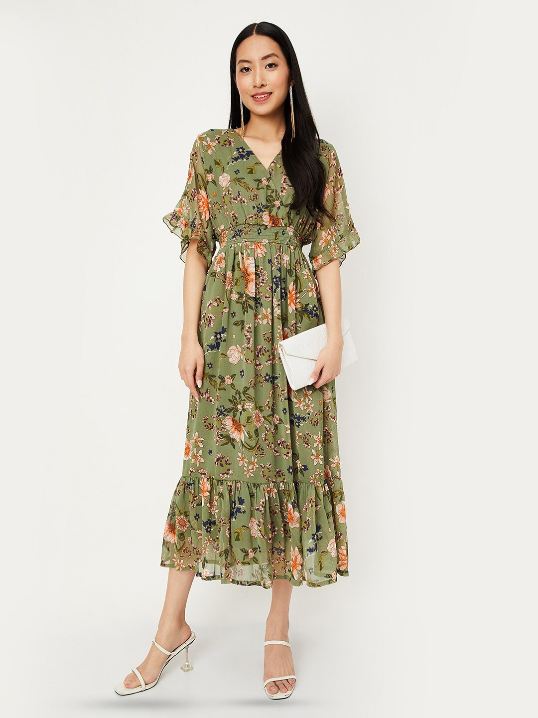 

max Floral Printed V-Neck Bell Sleeves Pleated Fit & Flare Dress, Olive