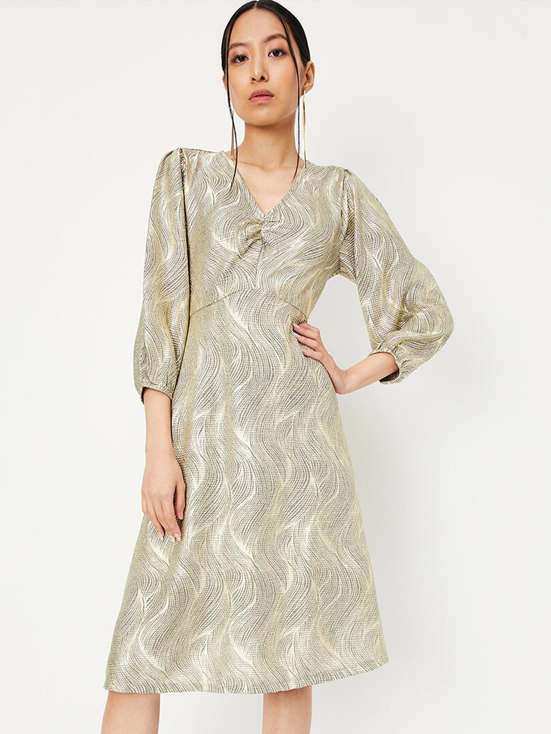 

max Embellished V-Neck Puff Sleeves A-Line Dress, Gold