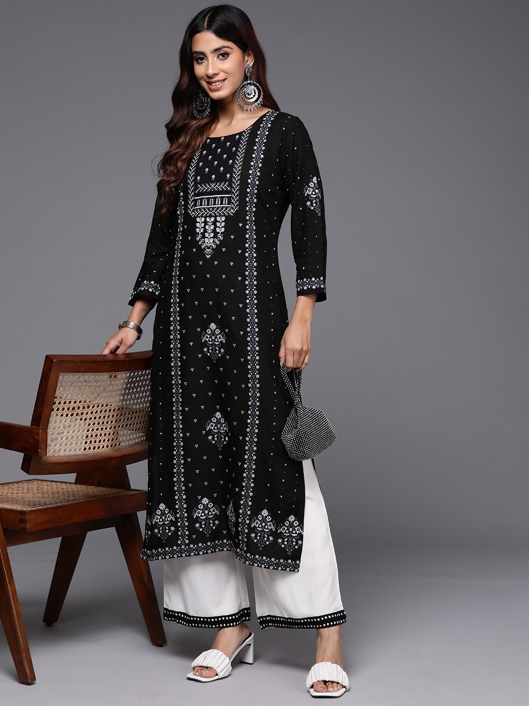 

Indo Era Women Ethnic Motifs Printed Kurta, Black