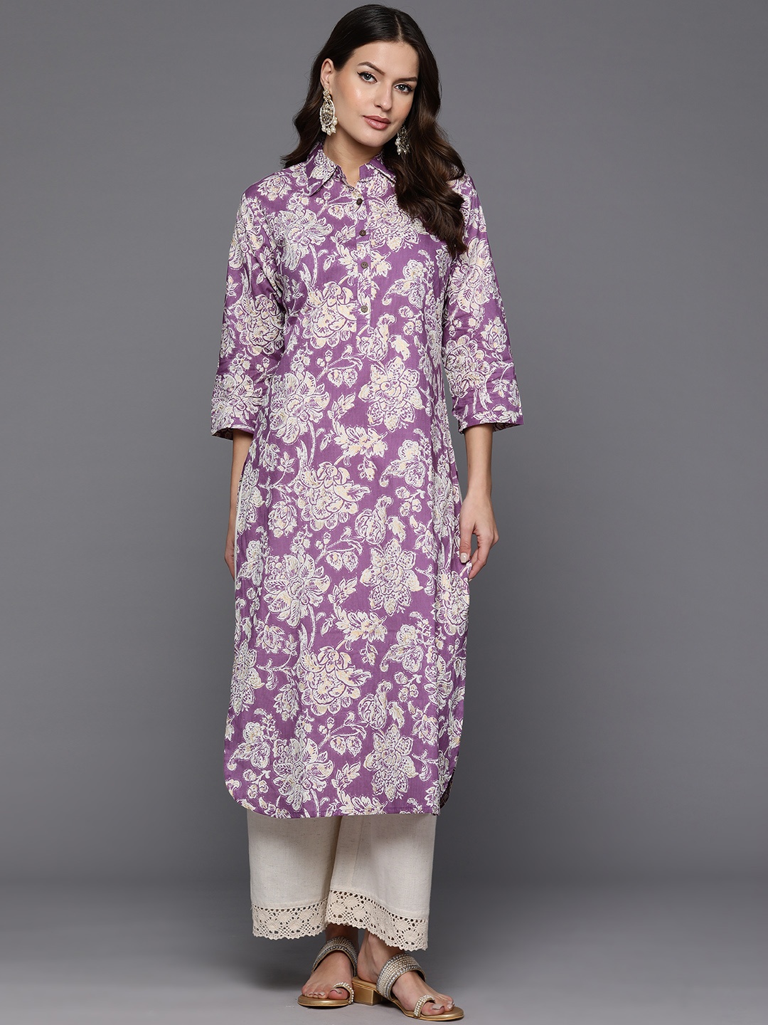 

Indo Era Women Floral Printed Regular Pure Cotton Kurta with Palazzos, Purple