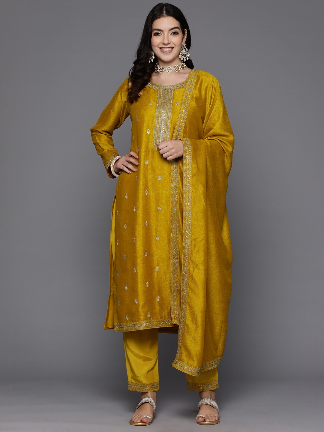 

Indo Era Women Floral Embroidered Sequinned Kurta with Trousers & With Dupatta, Yellow