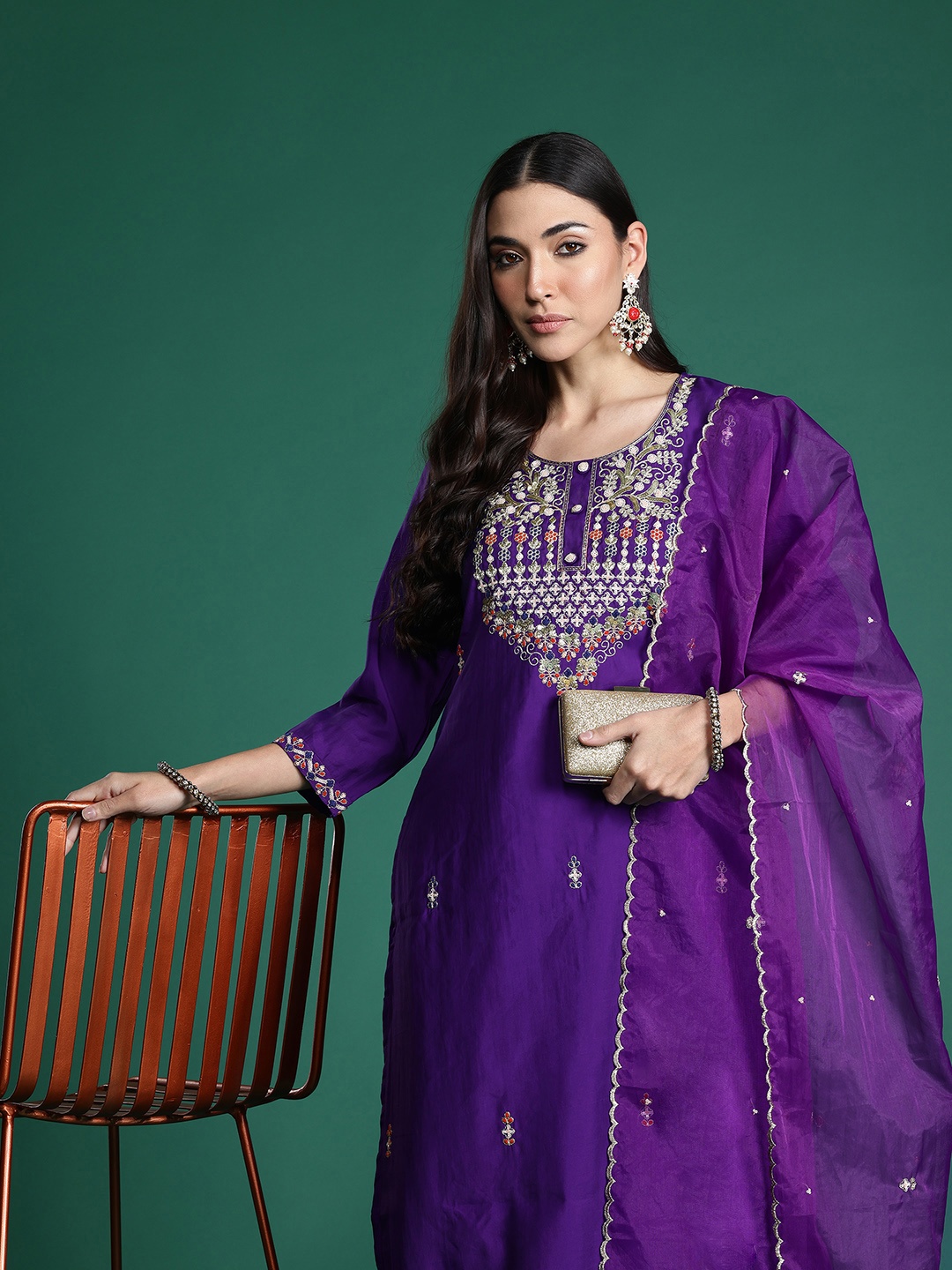 

Indo Era Ethnic Motifs Embroidered Sequinned Kurta with Trousers & With Dupatta, Purple